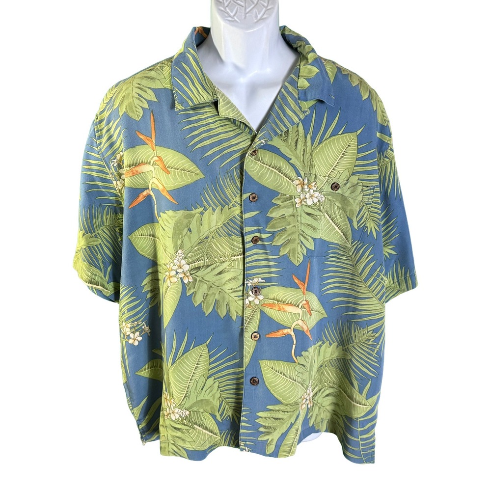 St. John's Bay Button Front Shirt Men XXL Blue Tropical Palm Floral Island Style